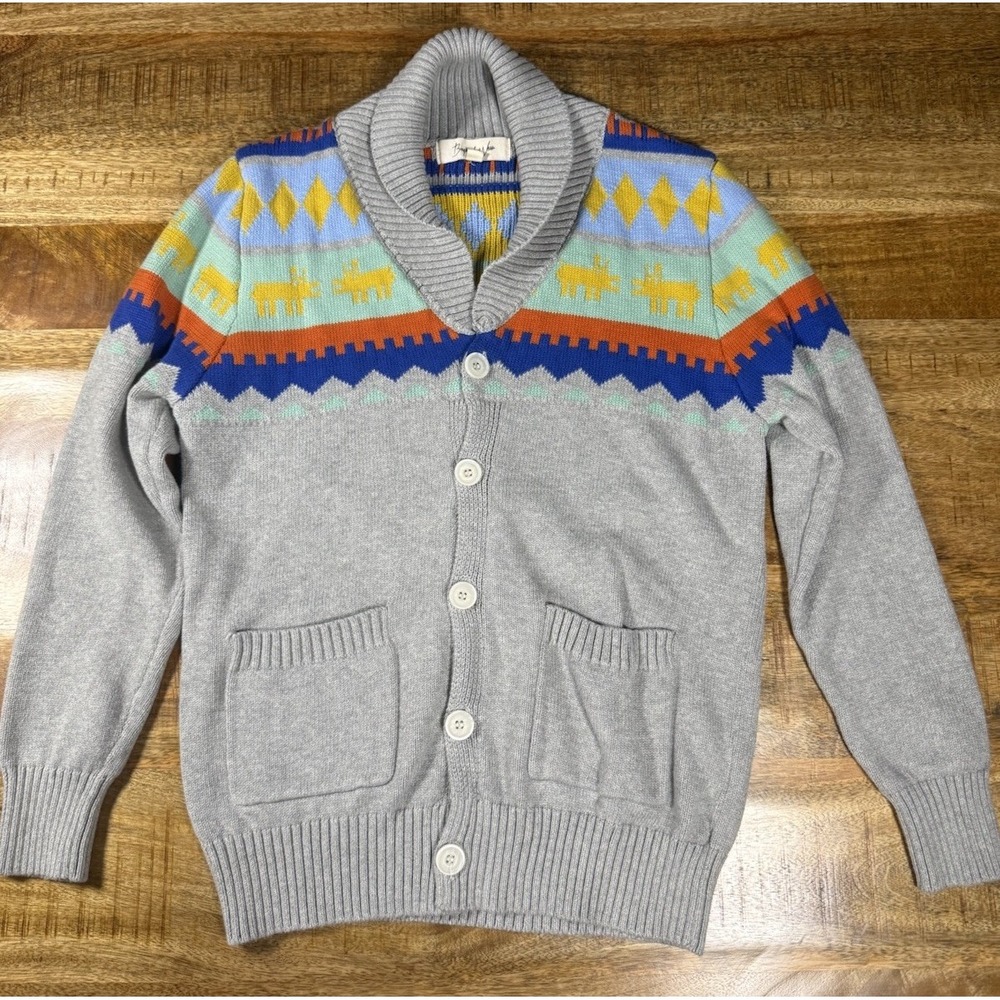 Biography Wear Shawl Collar Cardigan Sweater Mens M Fair Isle Moose